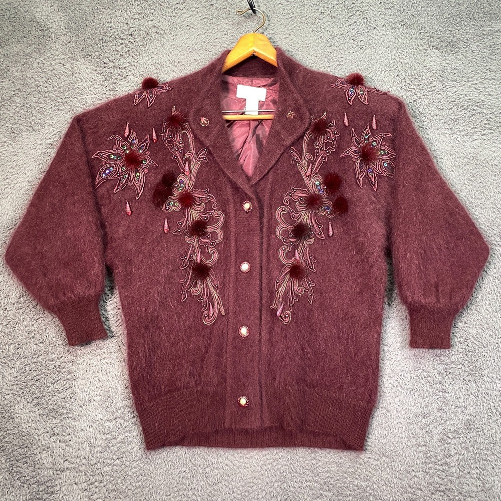 Vintage 90s Baldini Angora Cardigan Sweater Womens M Burgundy Embroidered Y2K